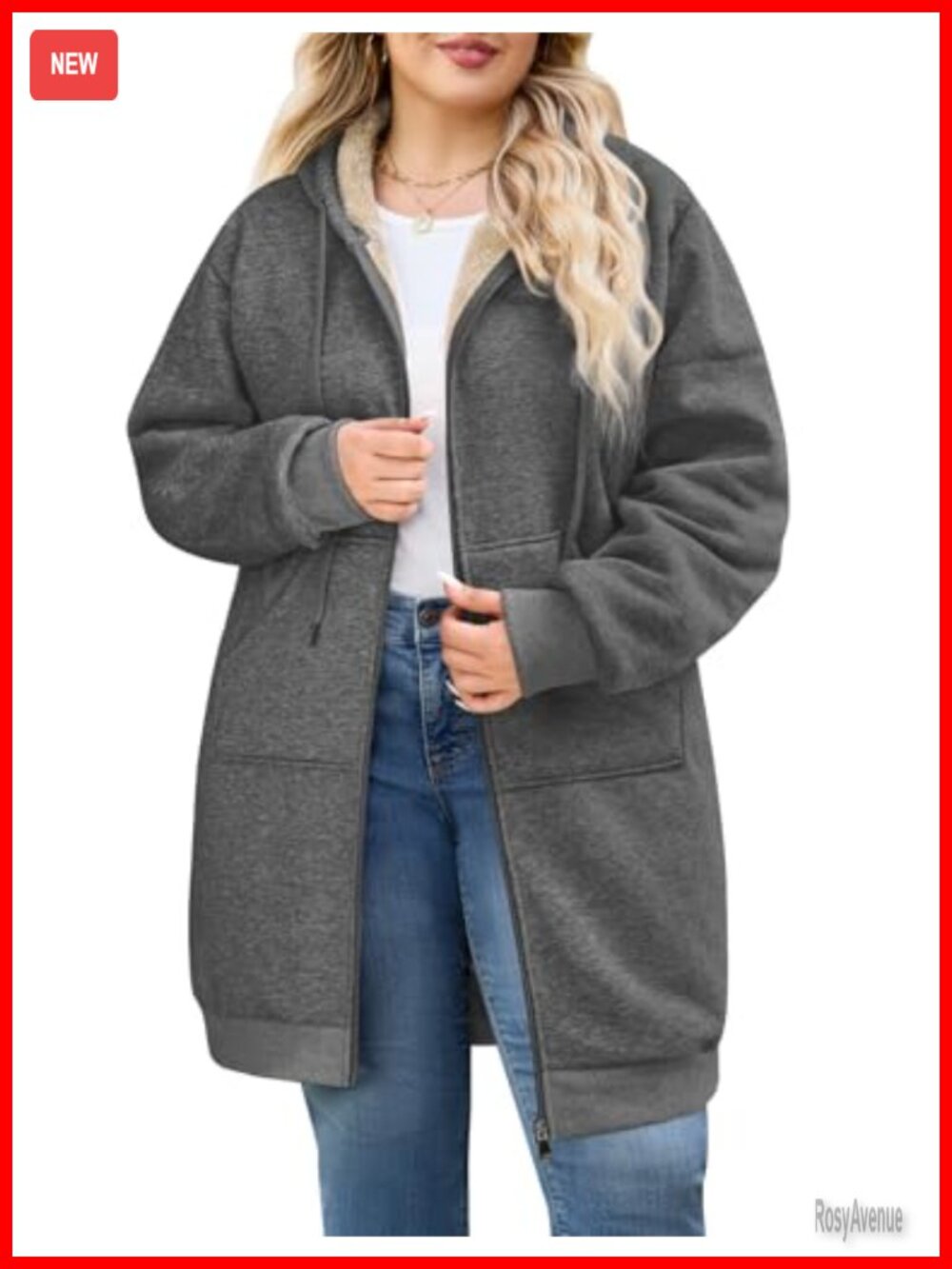 Plus Size Long Fleece Hoodie Zip Up Warm Winter Casual Oversized